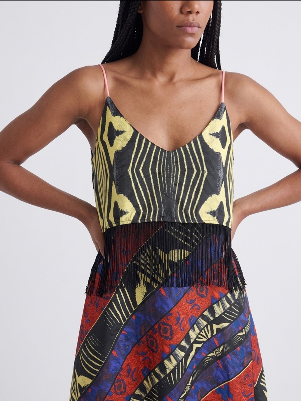 River Island Abstract Geometric Print Fringe Trim Cami Mini Dress - Size S